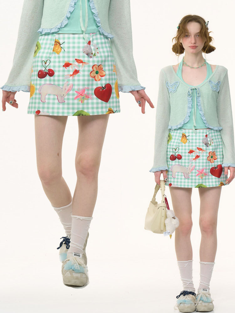 ziziFei - Girly Fruit Print Plaid High Waist Mini Skirt skirt ziziFei