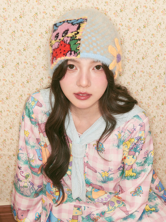 tntntutu - Kawaii Blue Bunny Flower Knit Beanie hat tntntutu