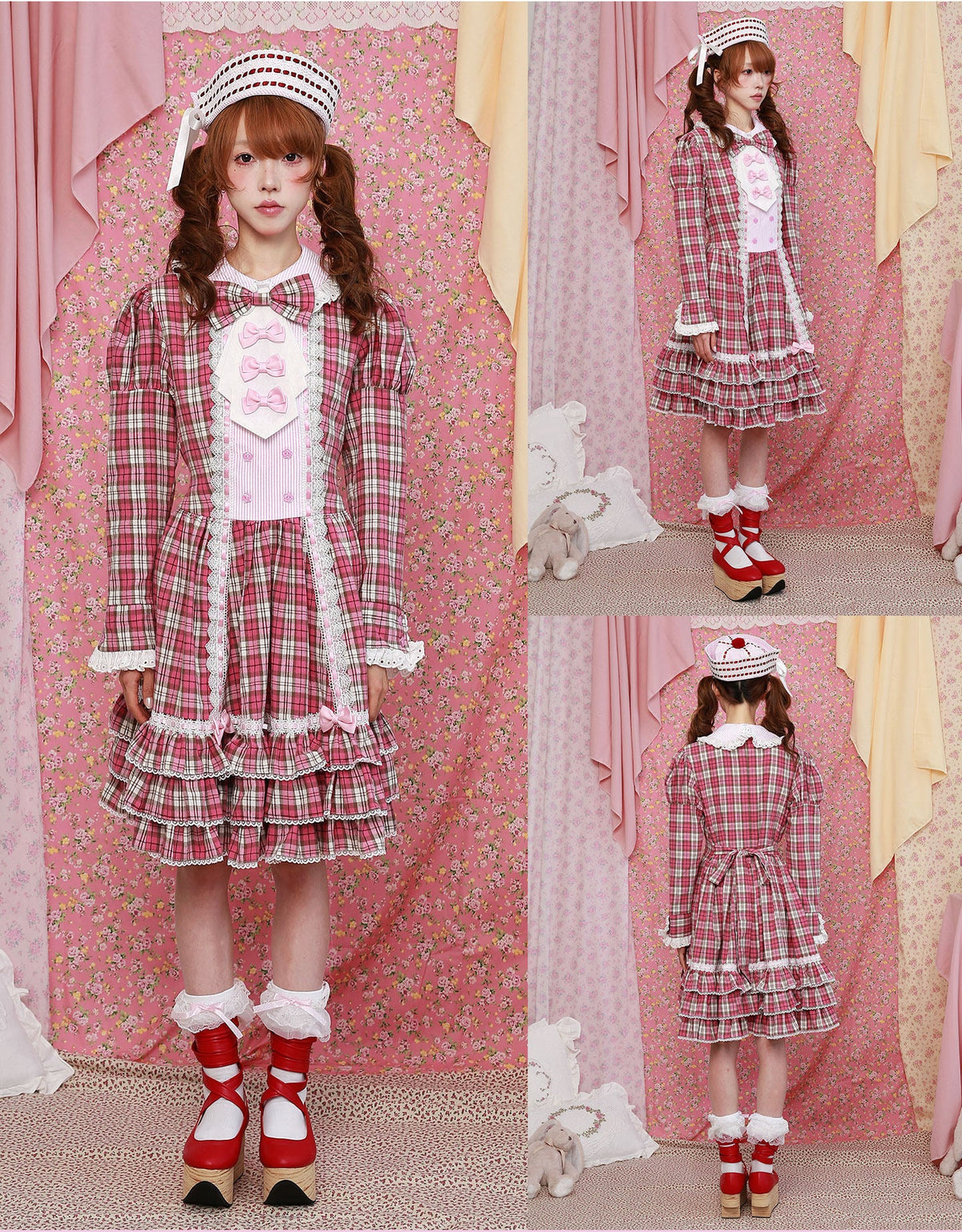SOS MEME CLUB - Pink Plaid Retro Dress Lolita Fashion Dress dress SOS MEME CLUB