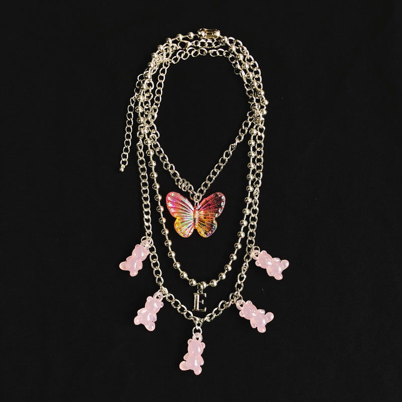 StrangeLab 3-Piece Necklace Set | Candy Bear Y2K Necklace | Iridescent Butterfly Letter Necklace necklace strangelab