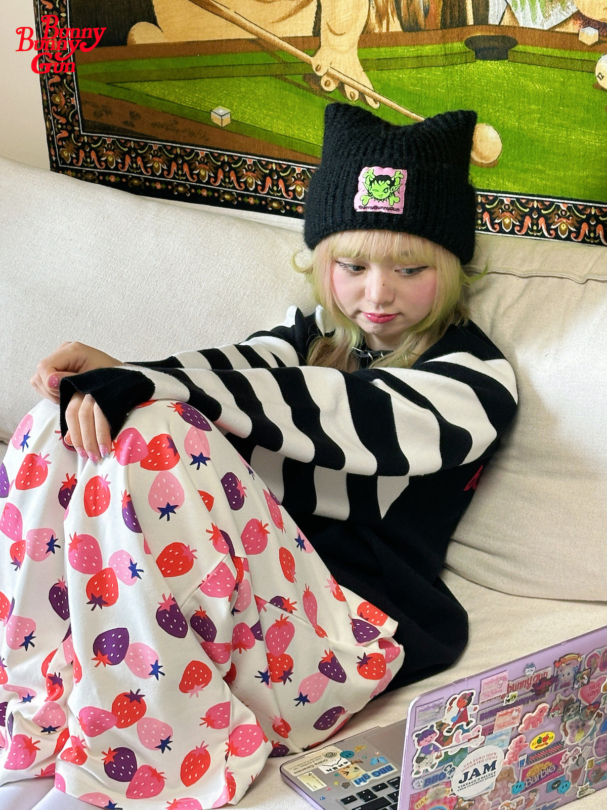 bunnybunnygun - Strawberry Print Wide-Leg Pants pants bunnybunnygun