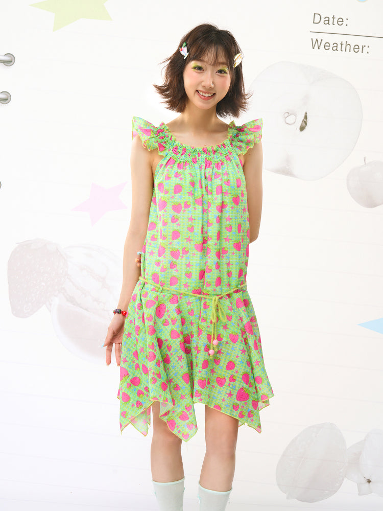 FRUITS Strawberry Dress | Illustration Asymmetric Hem Dress | Flutter Sleeve Dress dress Fruits