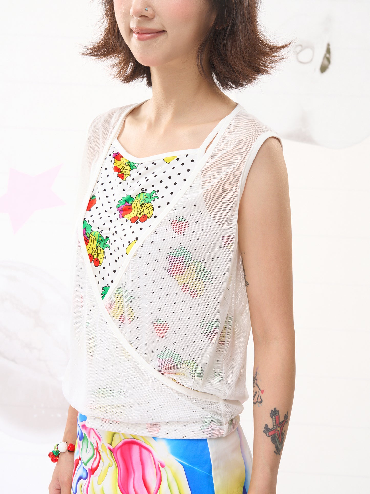 FRUITS Fruit Dot Mesh Tank | Dual-Layer Vintage Y2K Vest tshirt Fruits