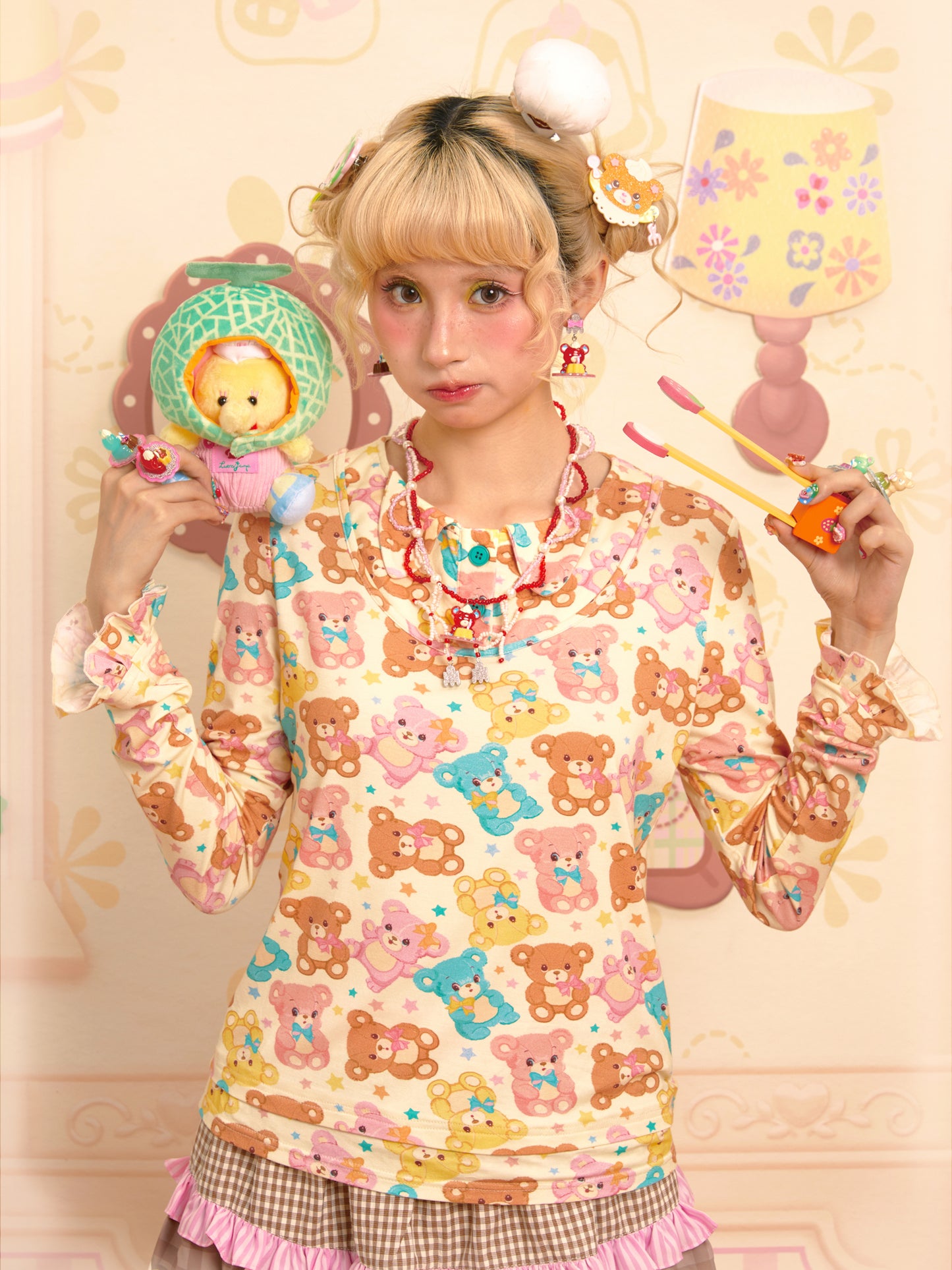 Lutra Jump - Decora Kei Bear Print Layered Long Sleeve Top shirt Lutra Jump