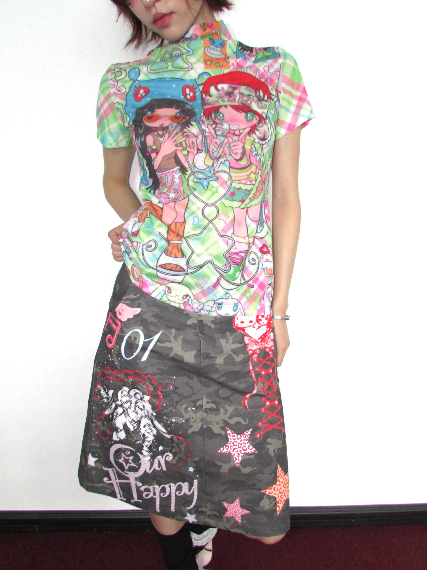 OurHappy - Y2K Graffiti Camo A-Line Midi Skirt skirt Our Happy
