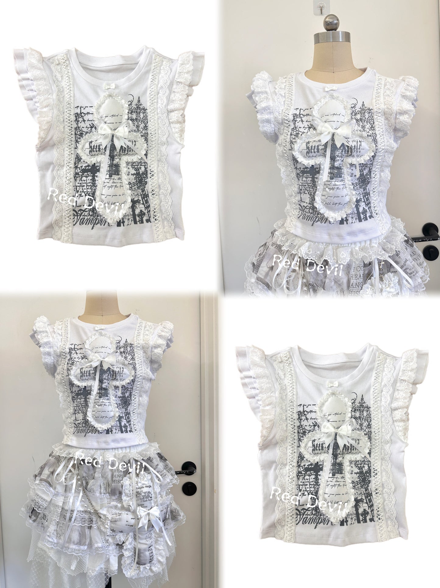 RedDevil – Y2K Cross Lace Tank Top with Flutter Sleeves shirt Red Devil
