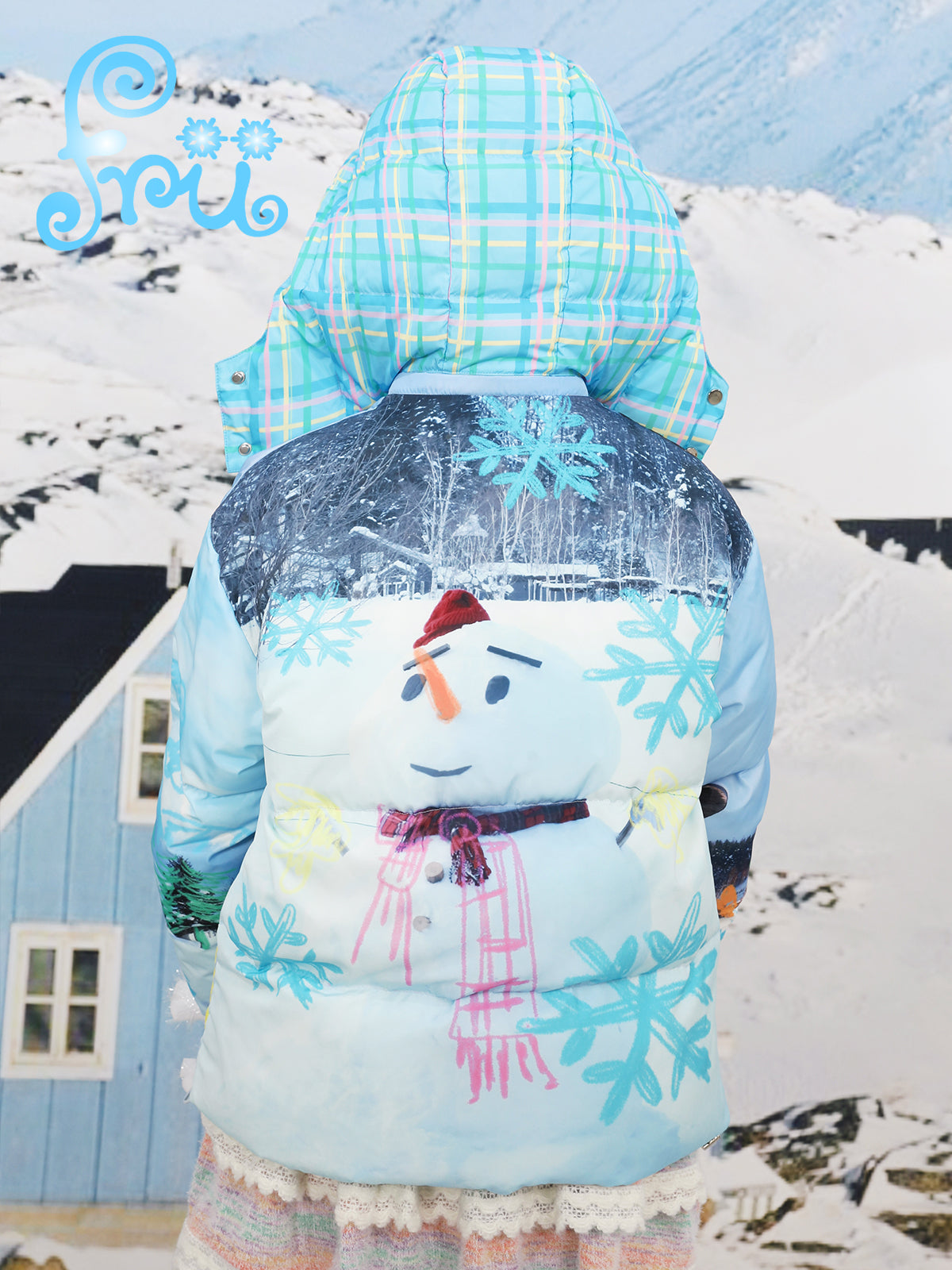 frufru Snow Farm Puffer Jacket | Harajuku Blue Snowman Down Coat