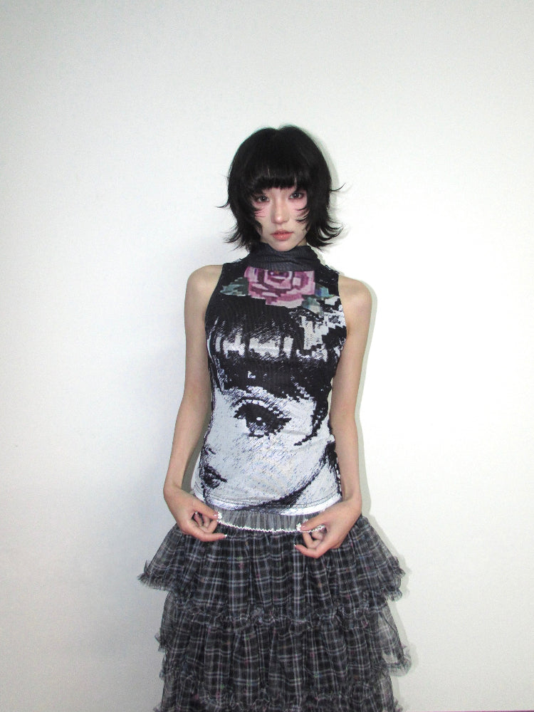 OurHappy Manga Girl Top | Double-Layer Mesh Sleeveless Top | Black & White High-Neck Vest vest Our Happy