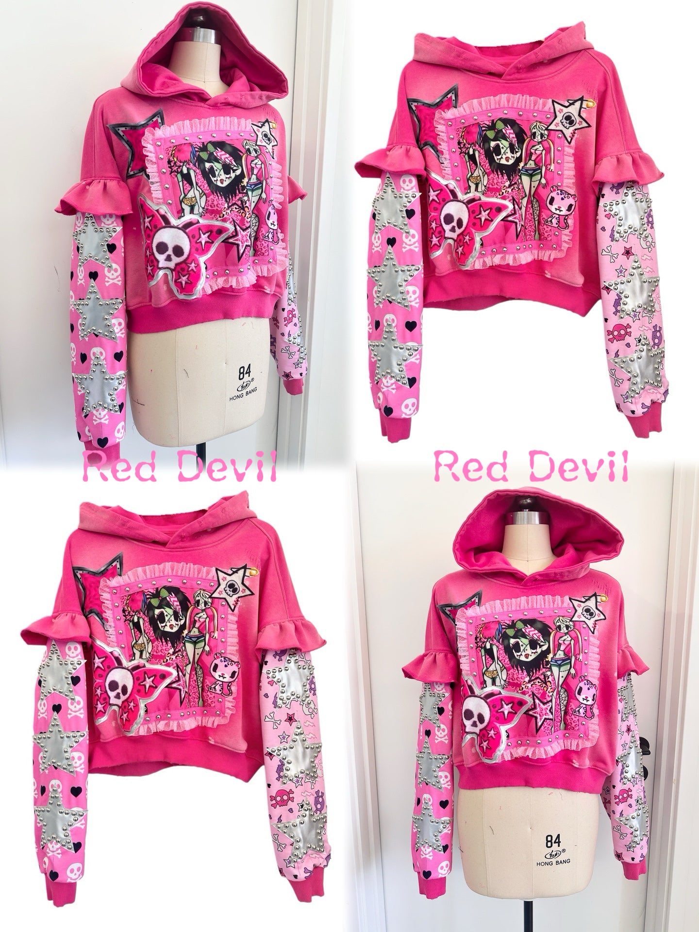 Red Devil Hoodie Decora Kei Hoodie Pink Distressed Hood Ruffle Sleeve Sweatshirt hoodie Red Devil