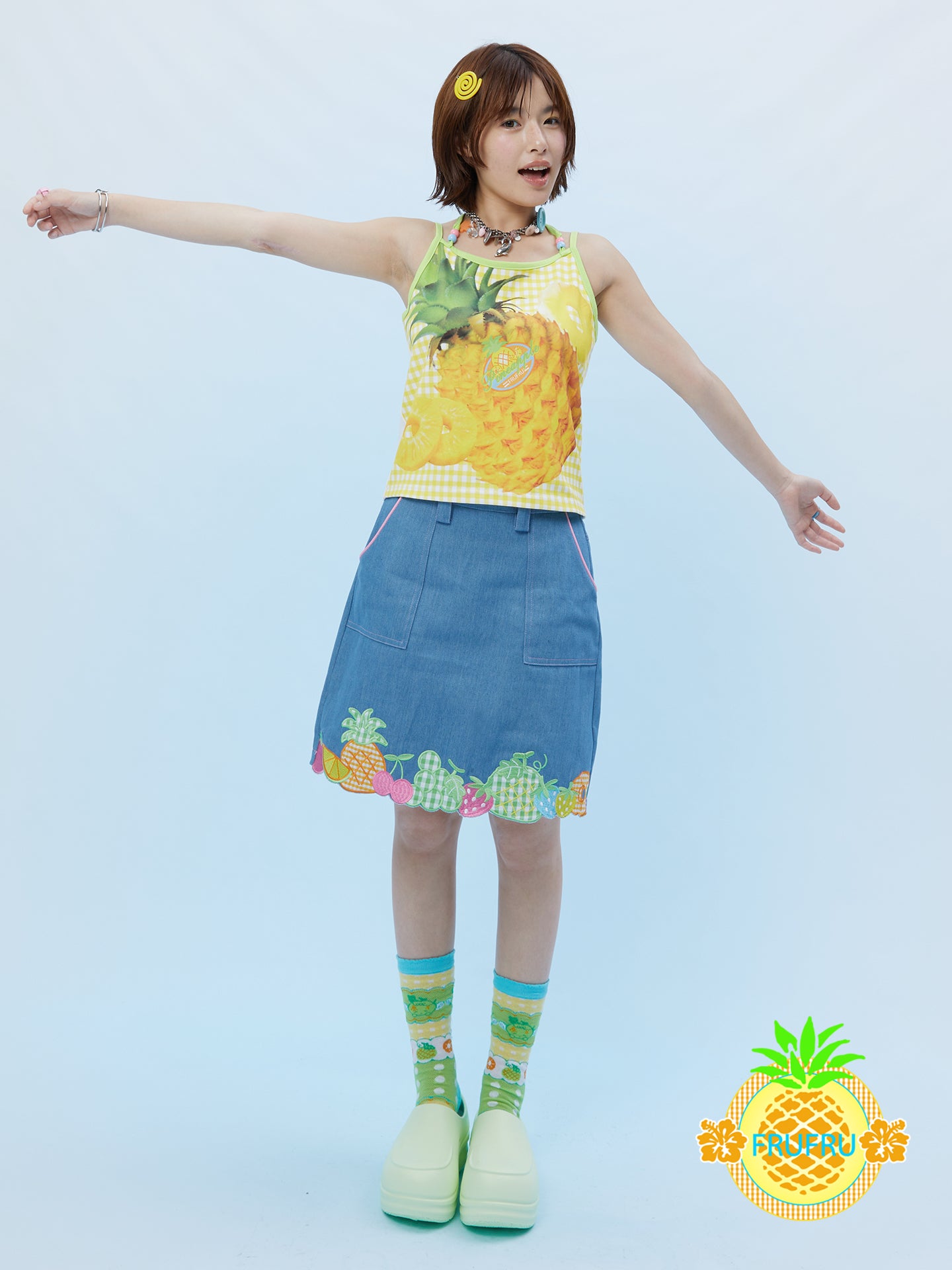Frufru Blue Denim Mini Skirt | Fruit Embroidery Kawaii Skirt skirt frufru