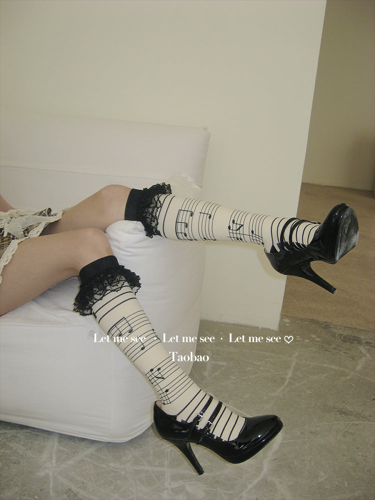 LET ME SEE - Y2K Music Note Lace Trim Calf Socks socks Land Decora