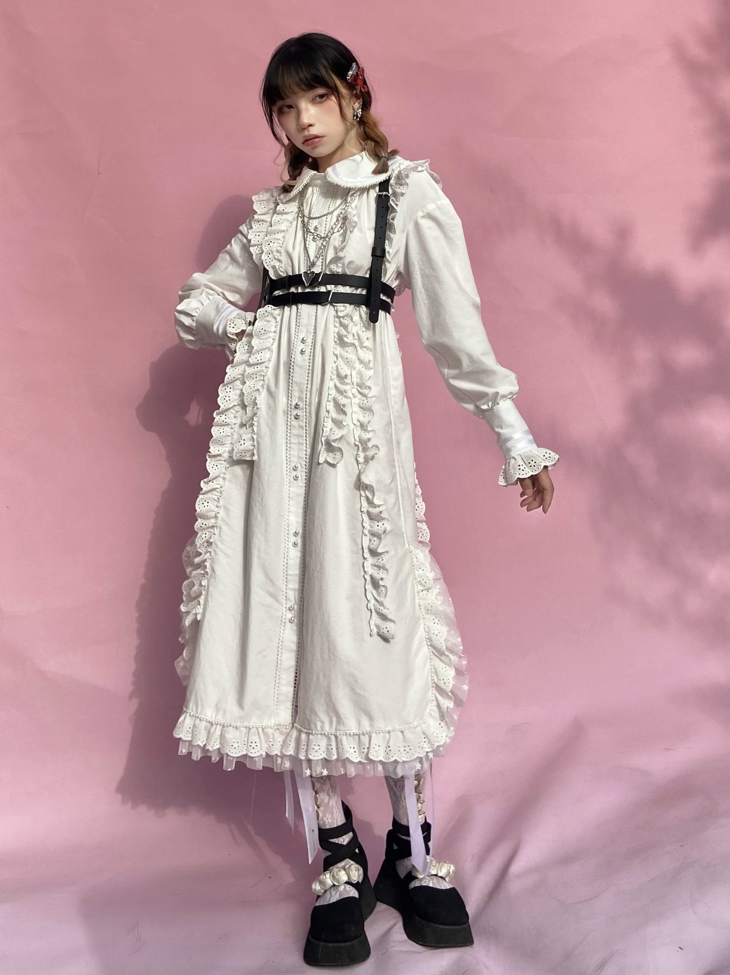 ShiChang White Punk Dress | Sweet-Cool Cotton Dress | Vintage Girl Aesthetic dress ShiChang
