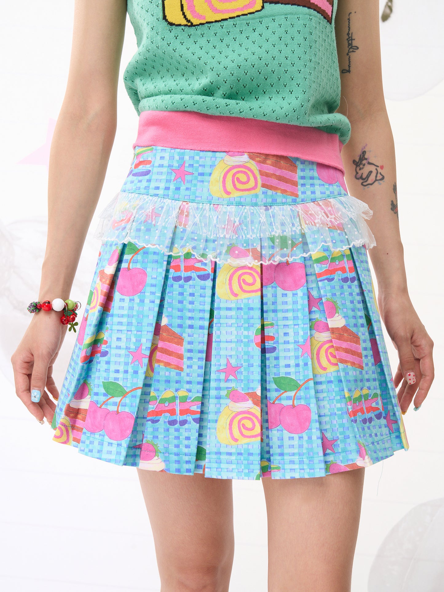 FRUITS Strawberry Cake Blue Pleated Skirt | Cute Lace Trim with Built-in Shorts skirt Fruits