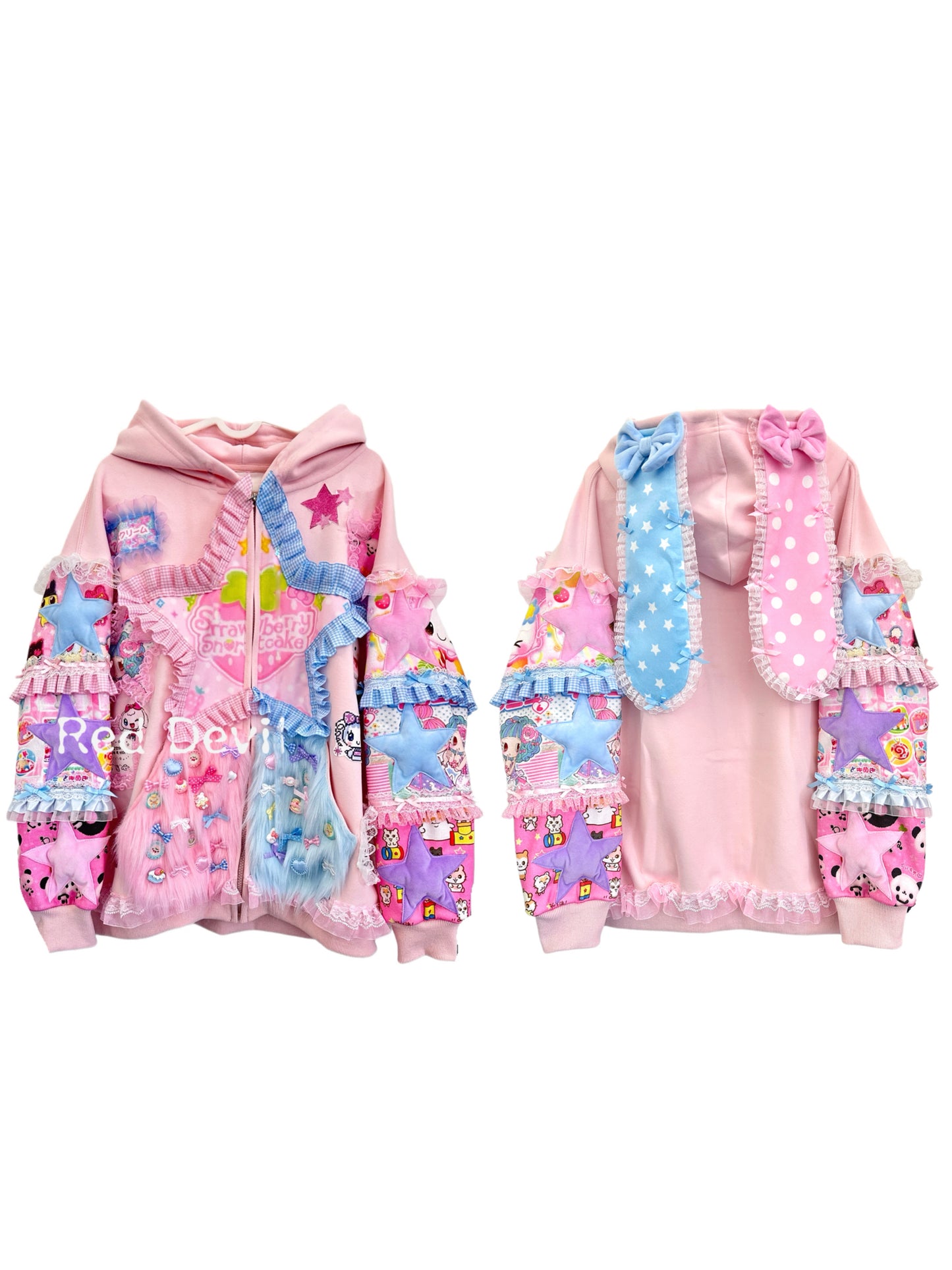 RedDevil Pink Hoodie Decora Handmade Hoodie Cartoon Patchwork Hoodie Rabbit Ear Hoodie hoodie Red Devil