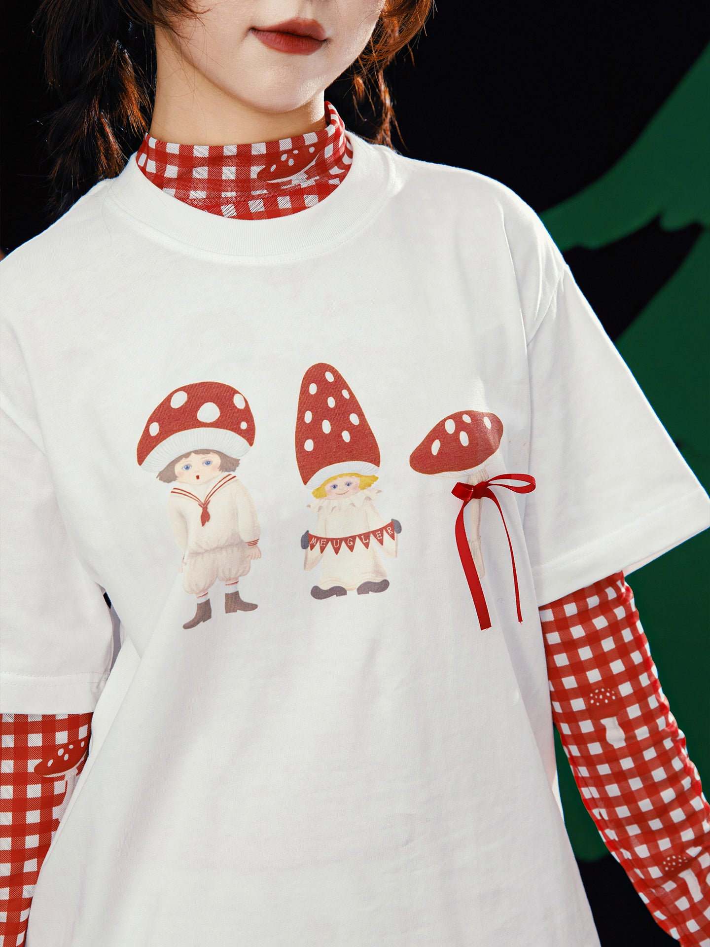 Meugler – Kawaii Red Mushroom Print Bow T-Shirt tshirt Meugler