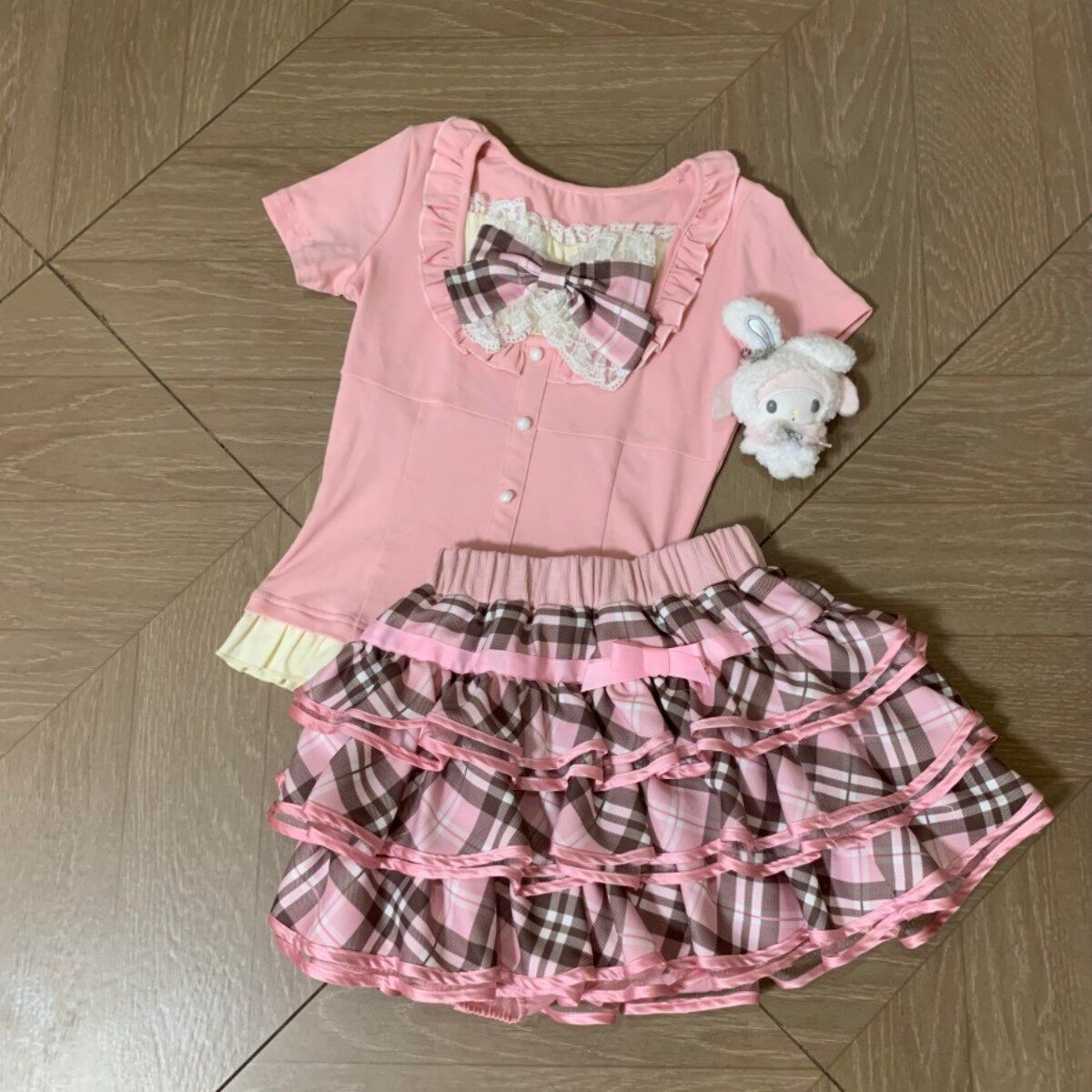 Blurred Bear - Lace Top Plaid Skirt Set set Blurred Bear