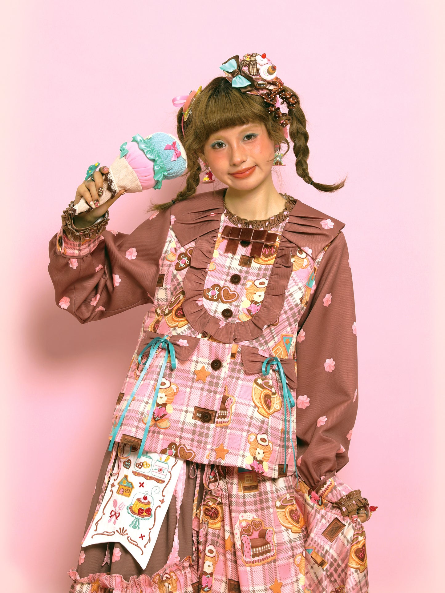 Lutra Jump - Kawaii Plaid Cream Print Doll-Style Coat jacket Lutra Jump