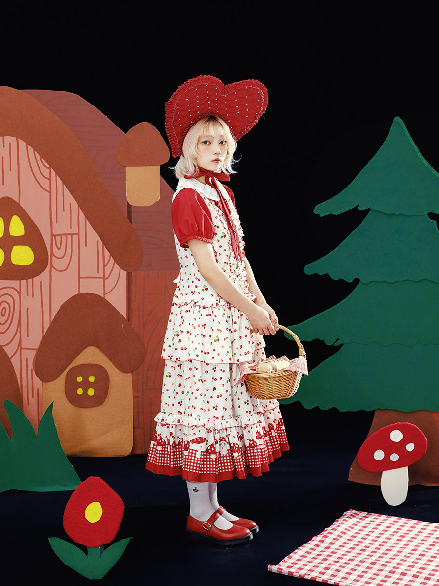 Meugler - Kawaii Red Mushroom & Berry Plaid Ruffle Midi Dress
