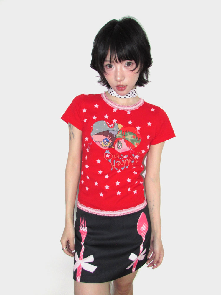 OurHappy Kawaii Harajuku Slim Fit Top | Lace Trim Cotton Print Tee tshirt Our Happy