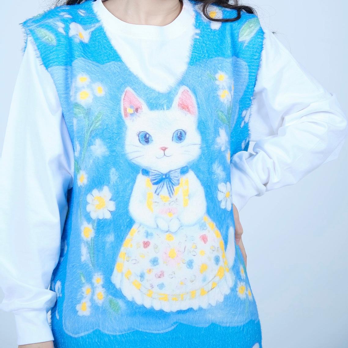 MeowMeow Bug β Decora Kei Fuzzy Cat Wreath Knit Vest vest MeowMeow Bug