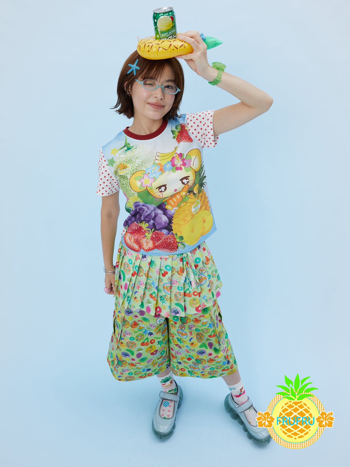 Frufru Vintage Badge Print Pleated Overlay Culottes | Two-Piece Look Shorts Skirt pants frufru