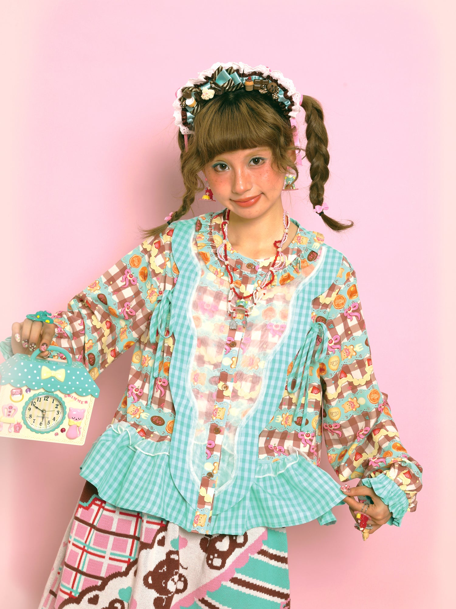 Lutra Jump - Kawaii Blouse Plaid Print Lace Ribbon Detail blouse Lutra Jump