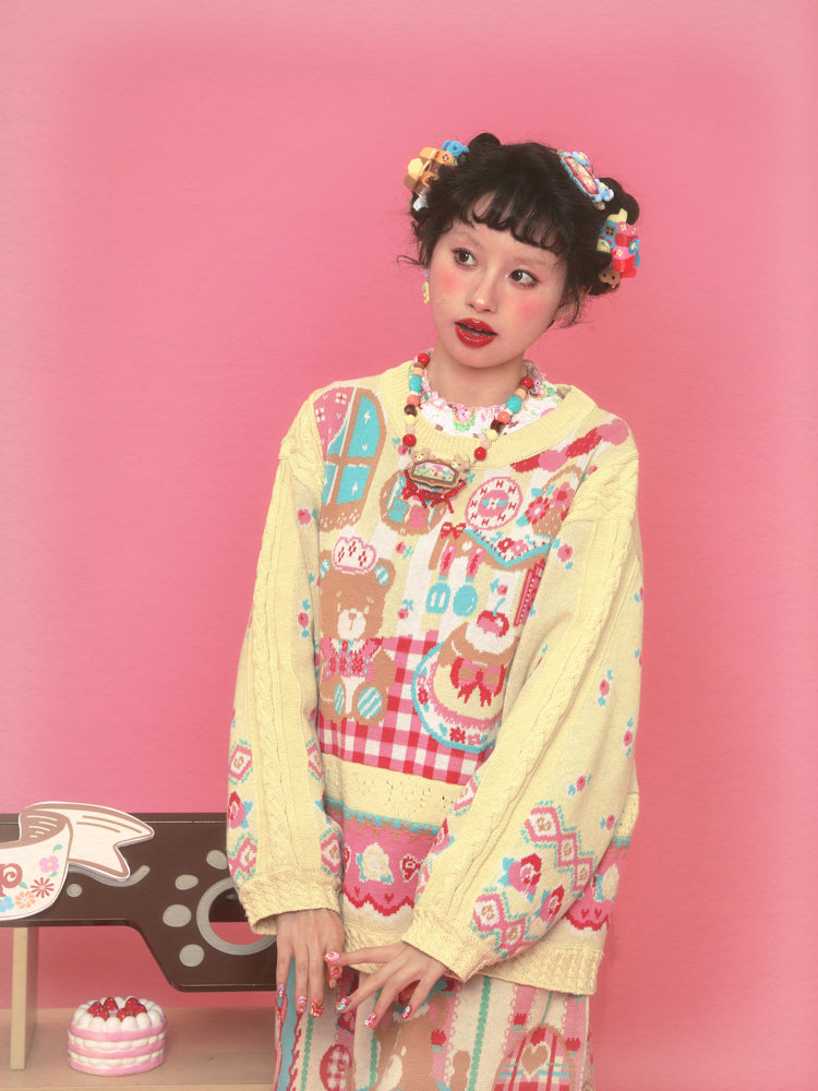 Lutra Jump Sweater Yellow Bear Lace Sweater Vintage Knitted Pullover Sweater sweater Lutra Jump