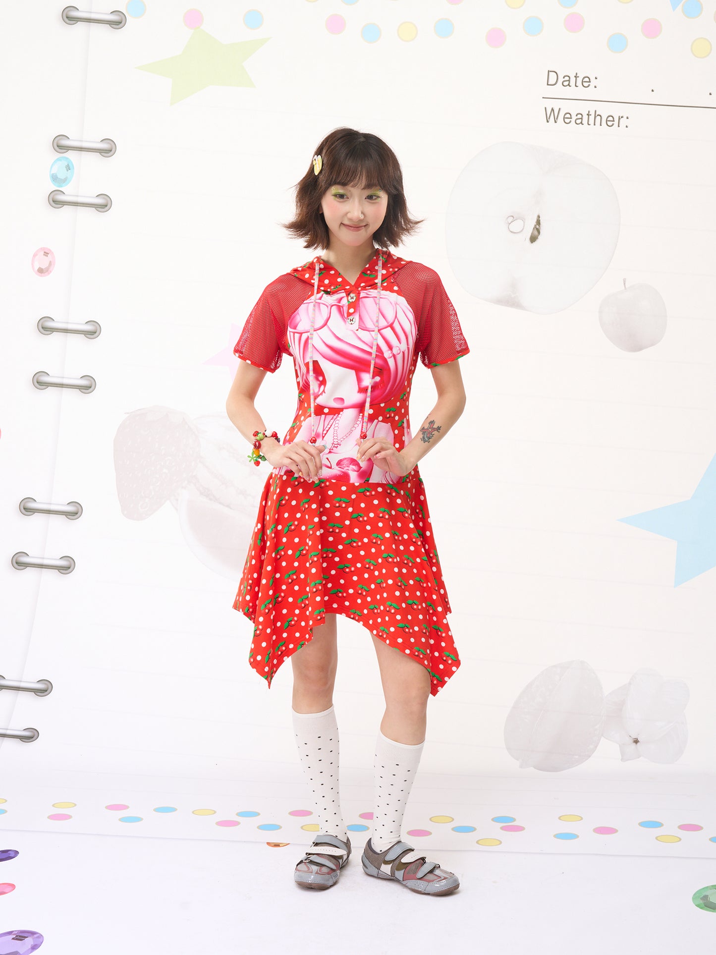 FRUITS Red Cherry Hoodie Dress | Cherry Dot Print & Mesh Sleeve Dress dress Fruits
