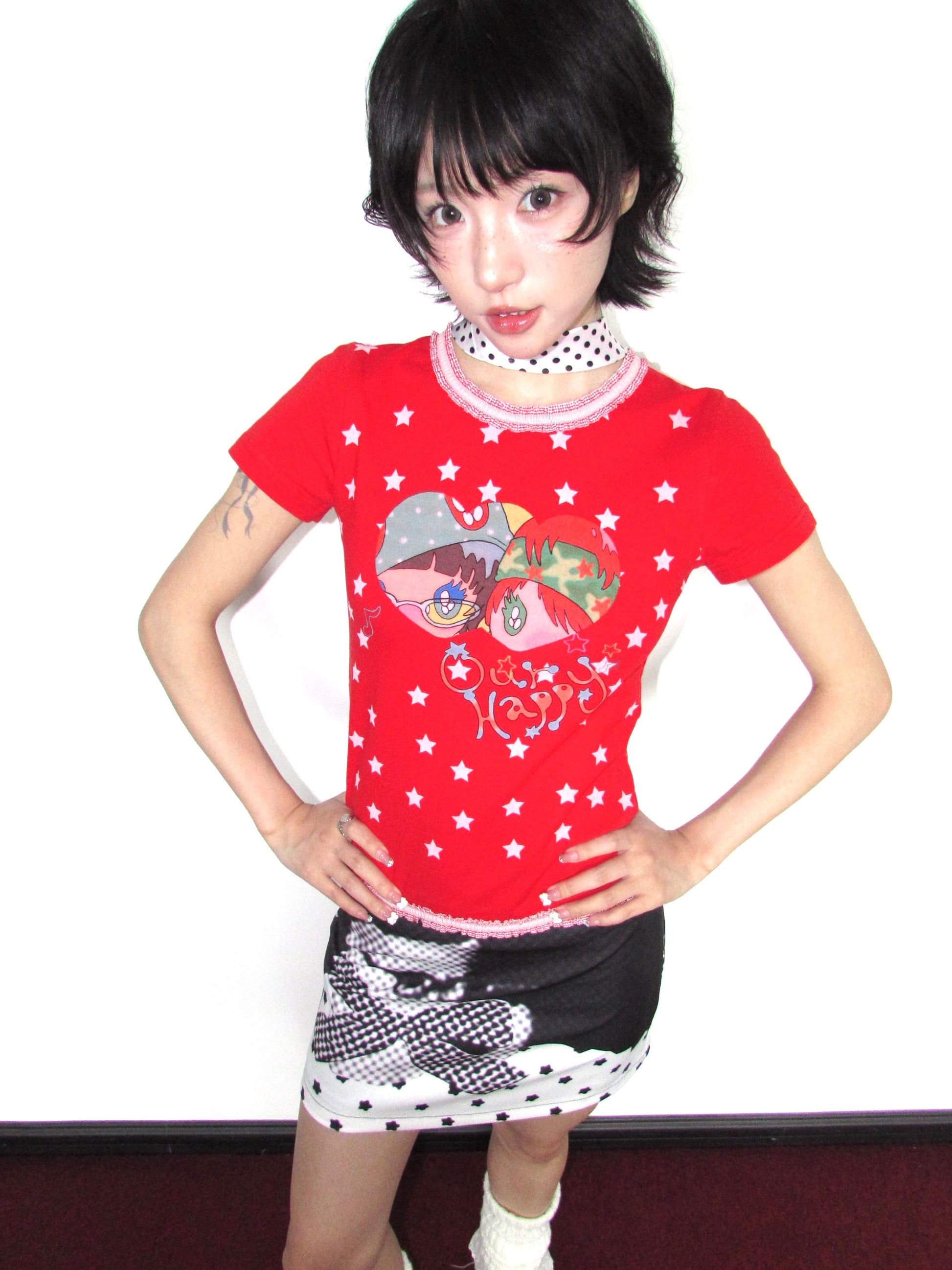 OurHappy Kawaii Harajuku Slim Fit Top | Lace Trim Cotton Print Tee tshirt Our Happy