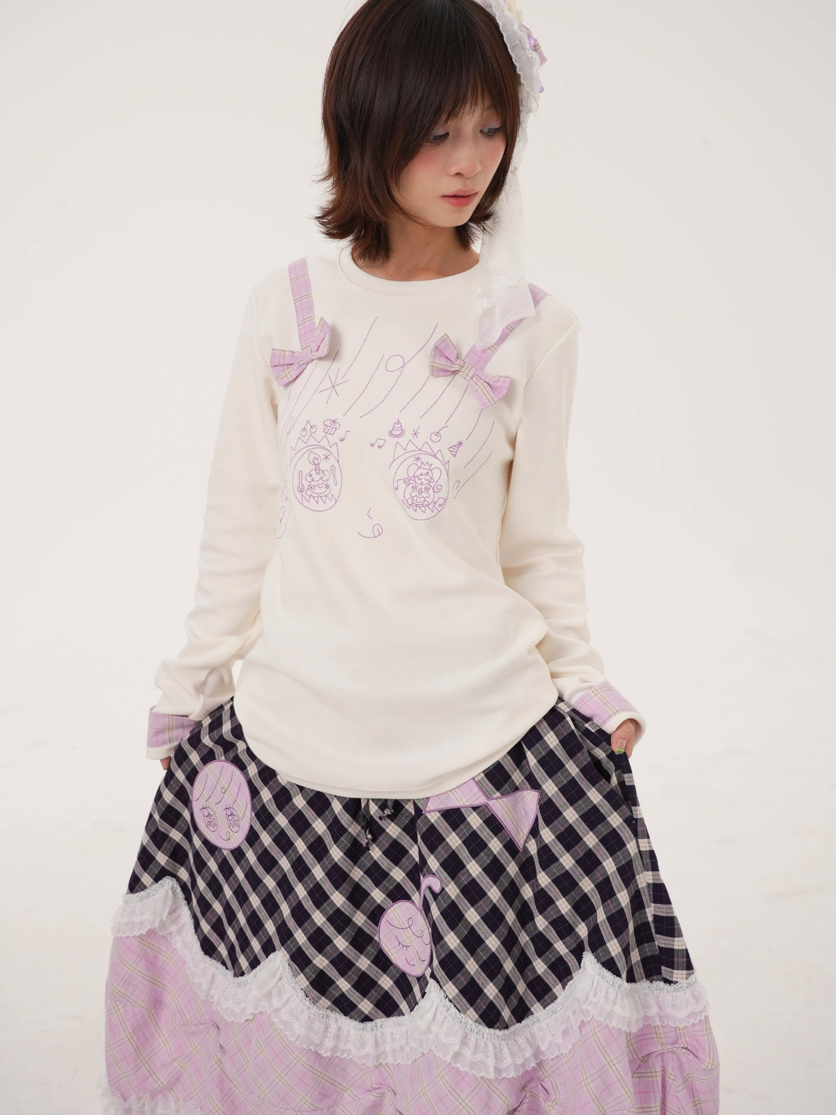 RabbitRain - Purple Plaid Pudding Cake Embroidered Skirt skirt RabbitRain