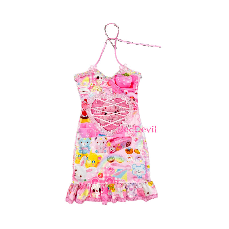 RedDevil Decora Pink Dress | Graffiti Bodycon Dress | Harajuku Subculture Remake Camisole Dress dress Red Devil