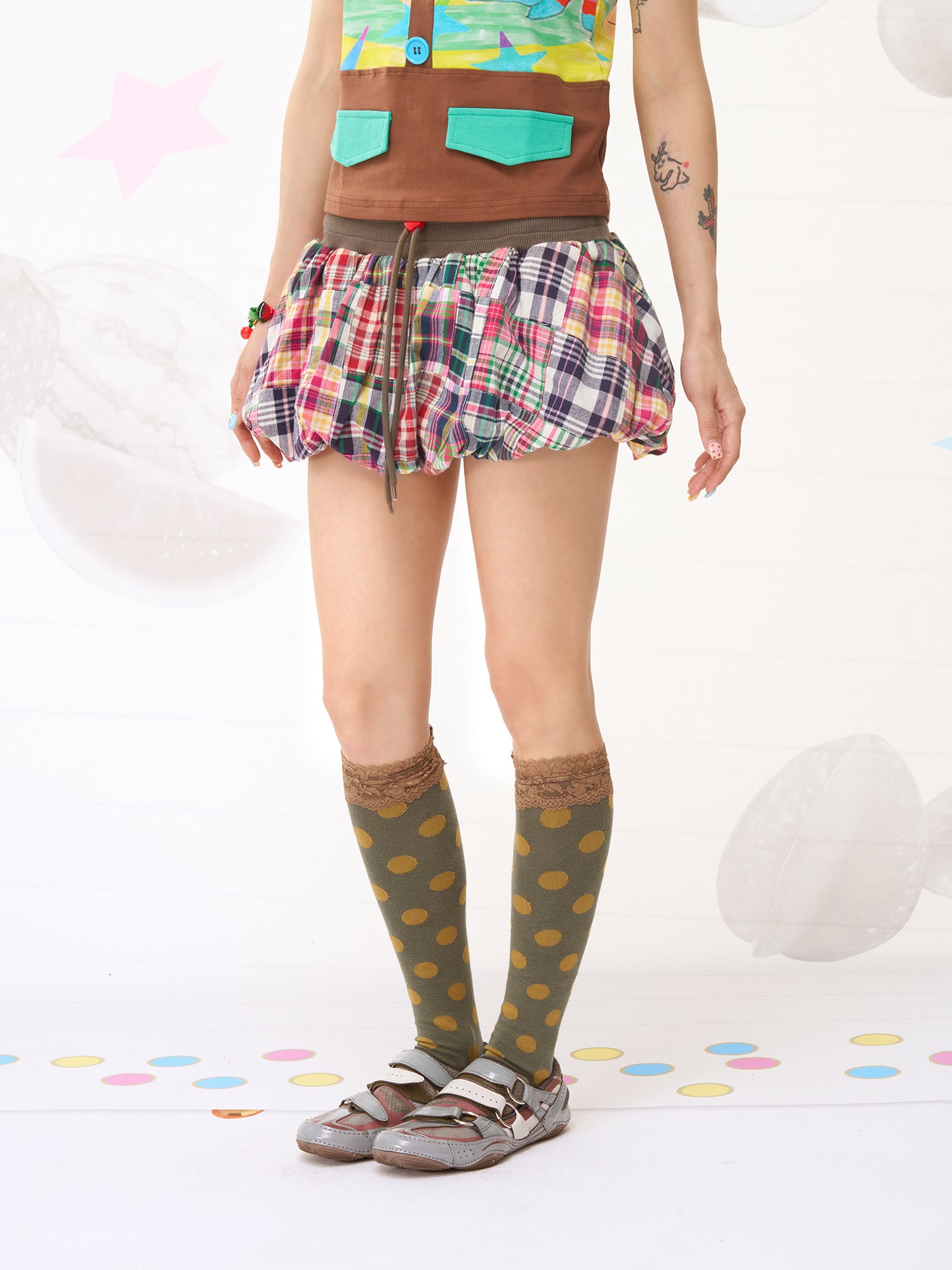 FRUITS Check‑Patchwork Skirt | Balloon Mini Skirt skirt Fruits