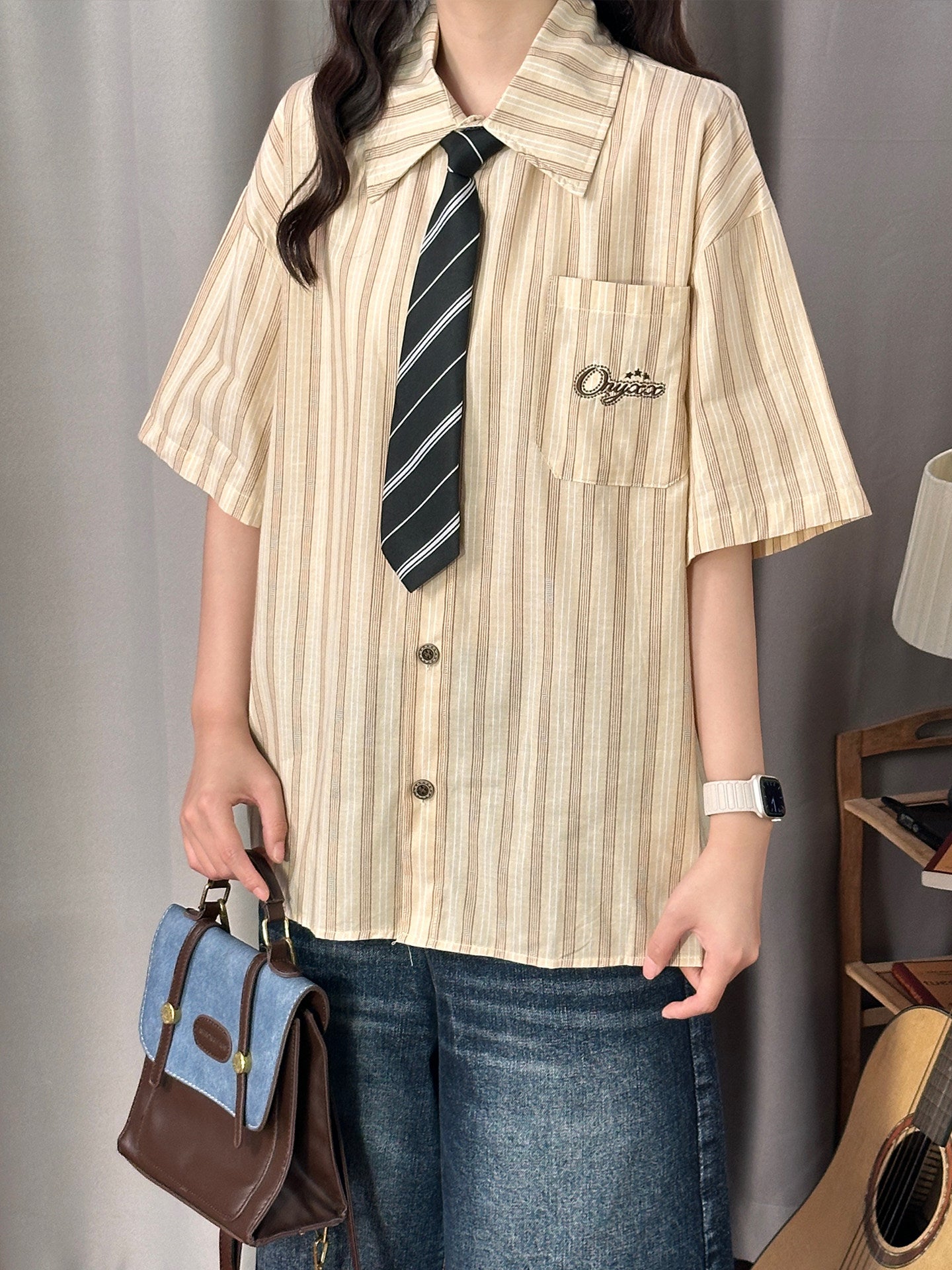 Retro Stripe Shirt with Tie shirt soldout Khaki M