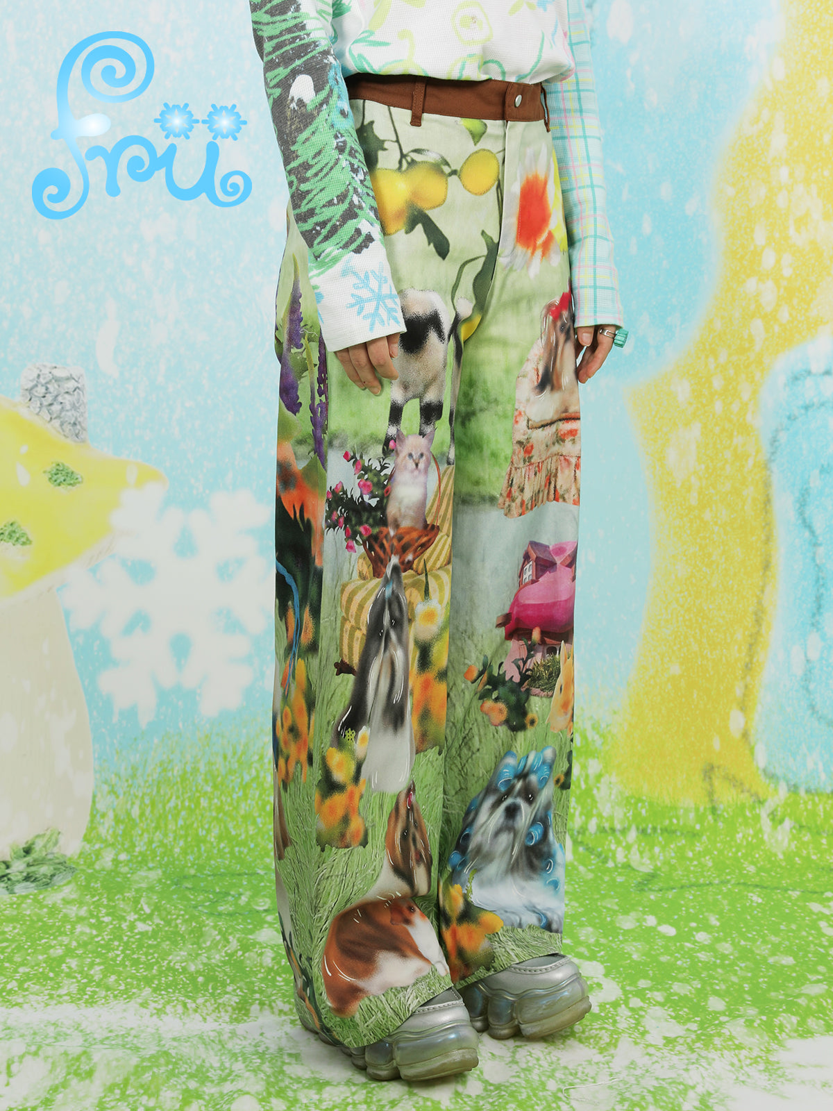 frufru Green Dog Print Pants | Wide-Leg Casual Pants | Cotton Vintage Pants pants frufru