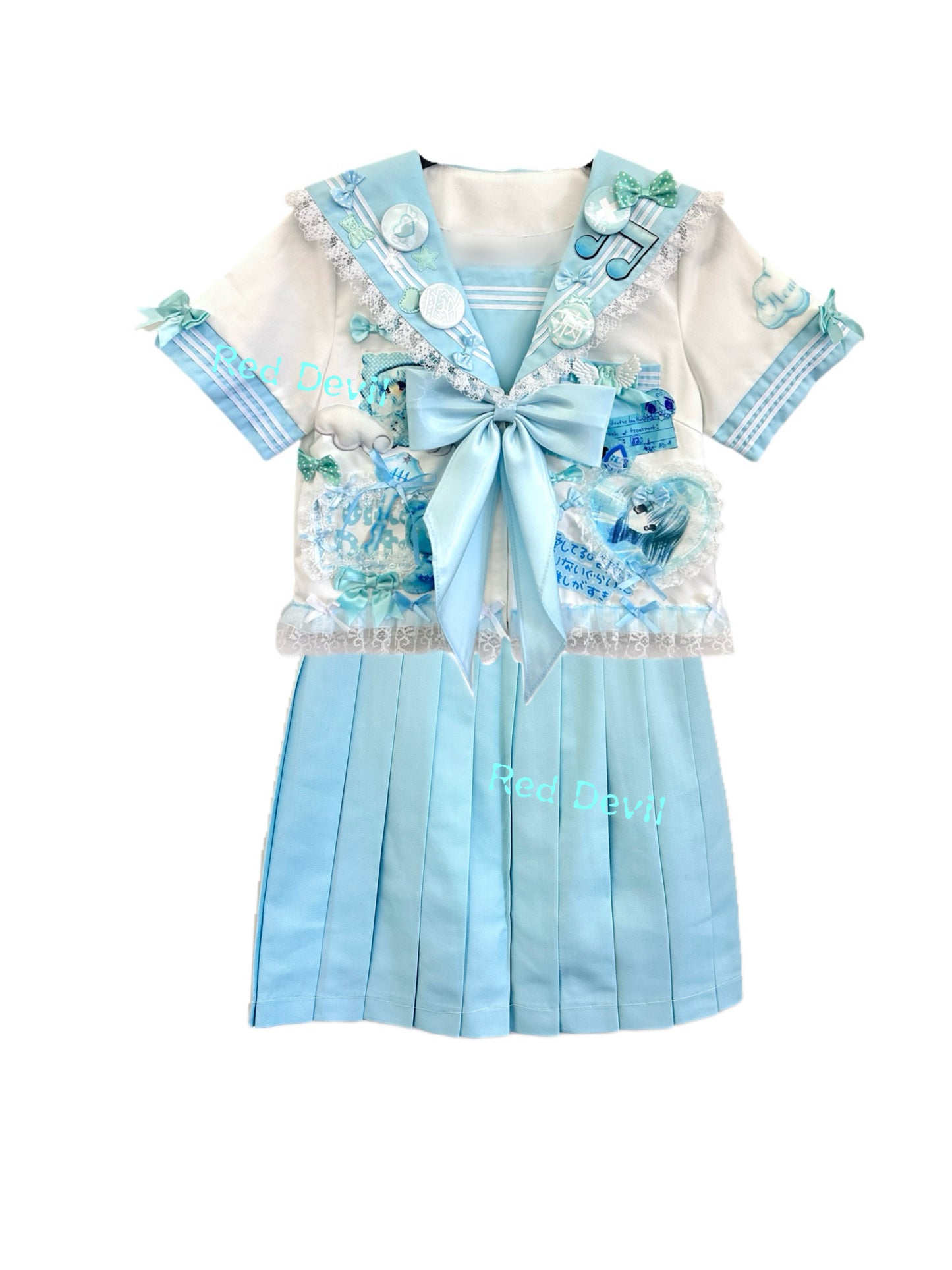 RedDevil - Decora Kei Mint Lace Sailor Dress Set set Red Devil Top + Skirt Set S