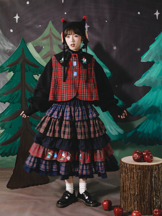 Harajuku Skirt Christmas Plaid Skirt Goblin Gem Embroidery Skirt Layered Puffy Skirt skirt Meugler