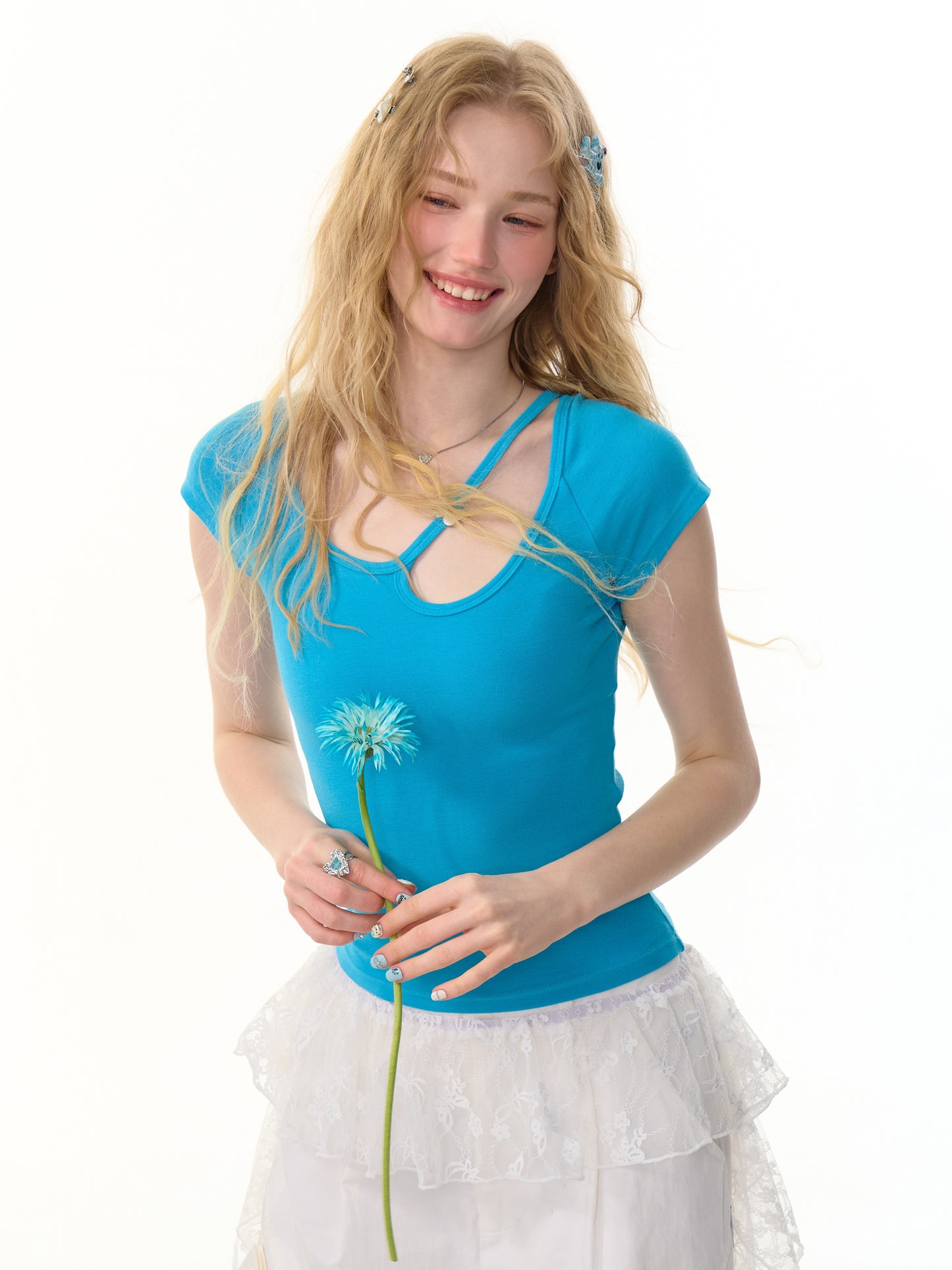 ziziFei - Girly Slim Fit Solid Color U-Neck Top shirt ziziFei