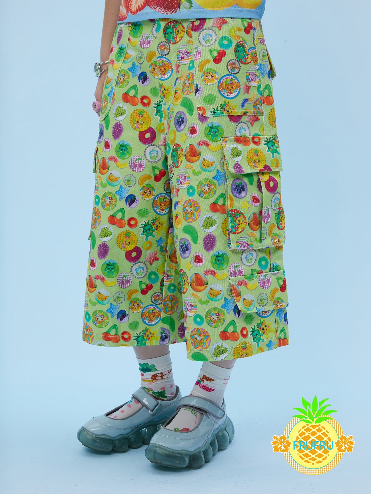 Frufru Vintage Badge Print Pleated Overlay Culottes | Two-Piece Look Shorts Skirt pants frufru