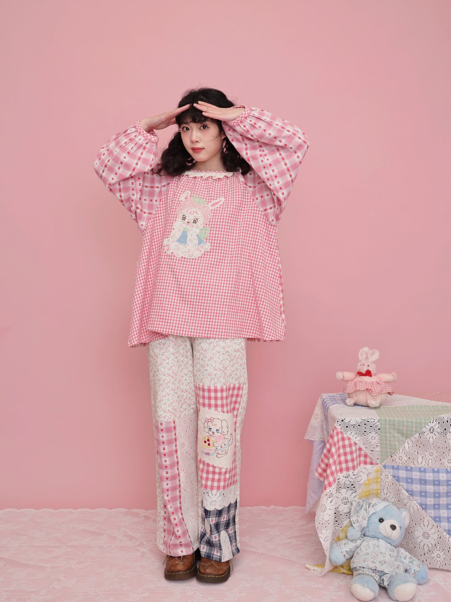 SemenCoicis Sweet Shirt Pink Plaid Blouse Strawberry Rabbit Shirt Lantern Sleeve Shirt shirt SemenCoicis