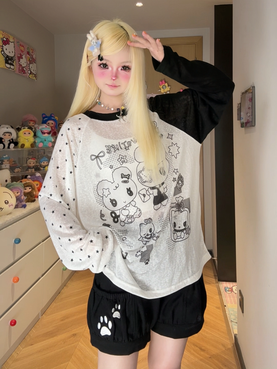 Cute Lin Raglan Sleeve Graphic Top | Kawaii Loose-Fit Summer Shirt shirt cute lin