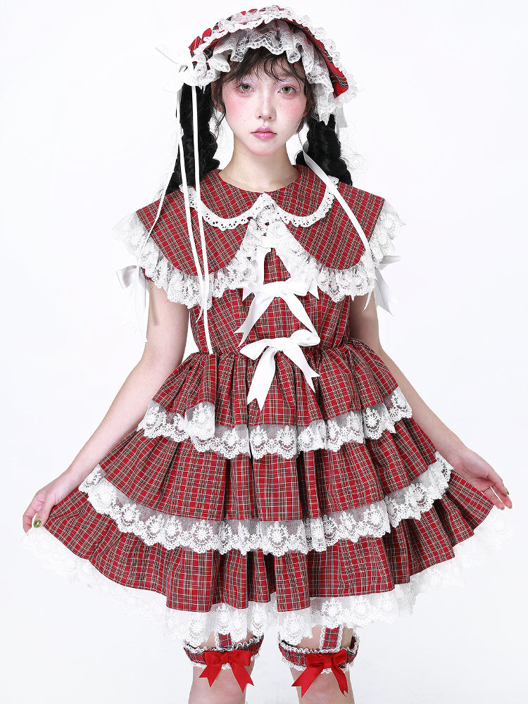 SOS MEME CLUB - Showa Red Plaid Short Sleeve Dress dress SOS MEME CLUB