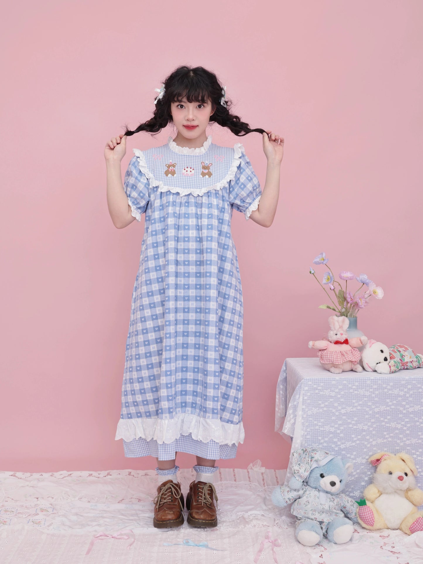 SemenCoicis Vintage Puff Sleeve Dress | Kawaii Embroidered Jacquard Check Dress dress SemenCoicis