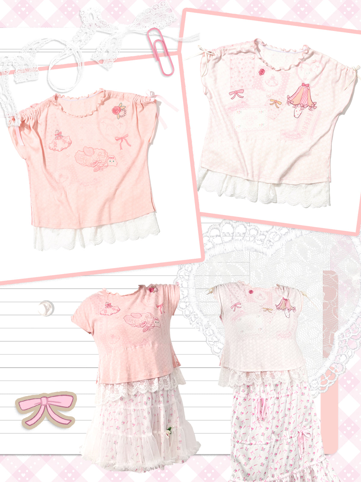 shishihshop – Retro Showa Drawstring Tee with Lace & Original Print tshirt shishihshop