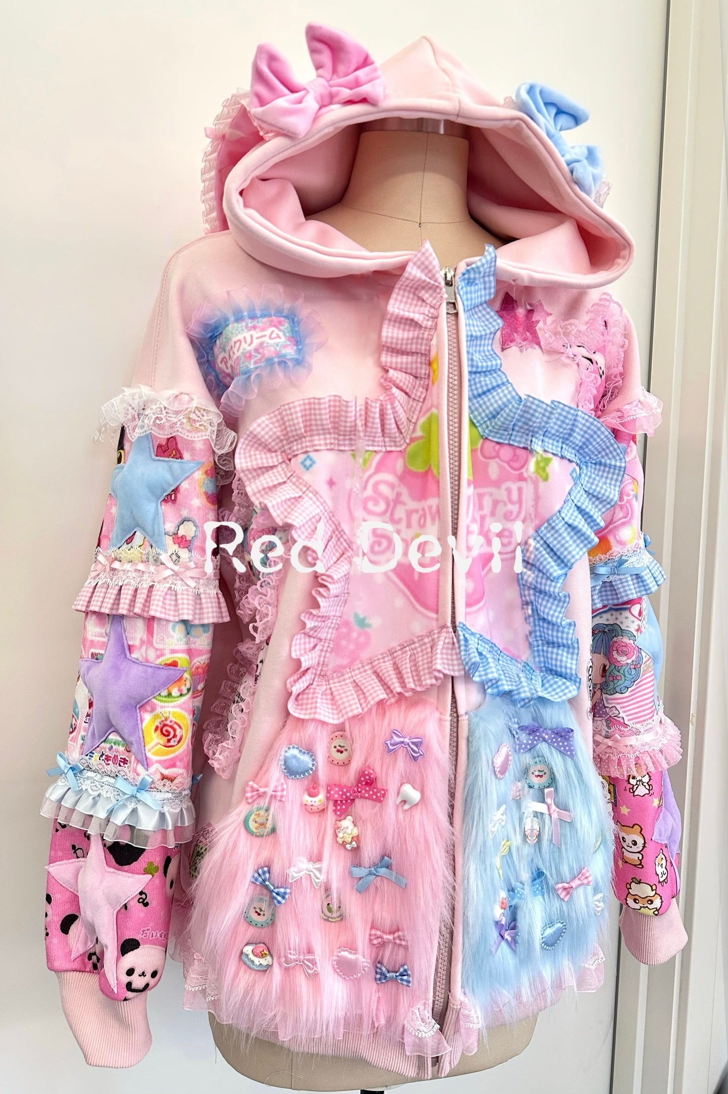 RedDevil Pink Hoodie Decora Handmade Hoodie Cartoon Patchwork Hoodie Rabbit Ear Hoodie hoodie Red Devil