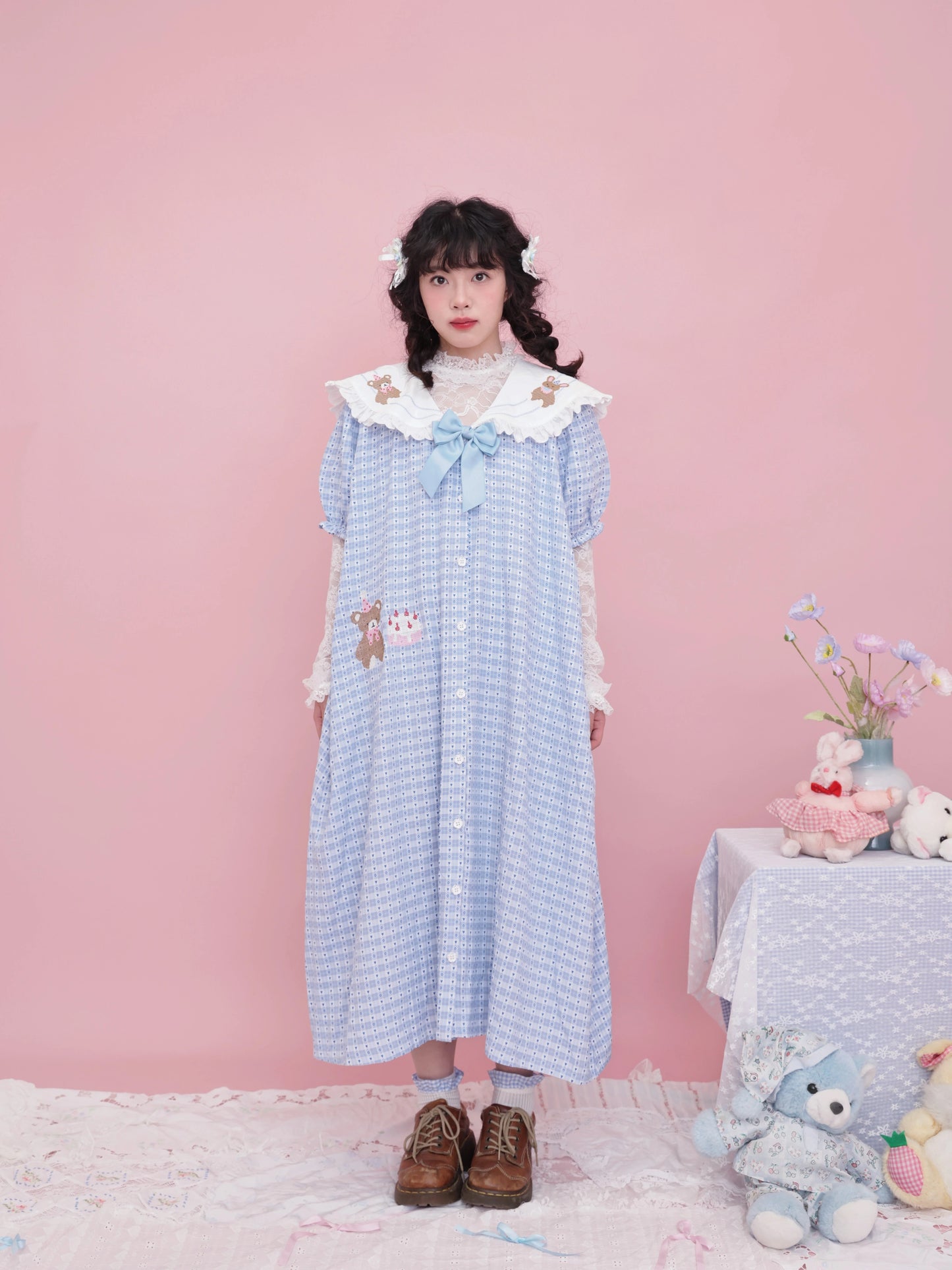 SemenCoicis Vintage Sailor Collar Dress | Kawaii Bear Motif & Heart Check Dress dress SemenCoicis