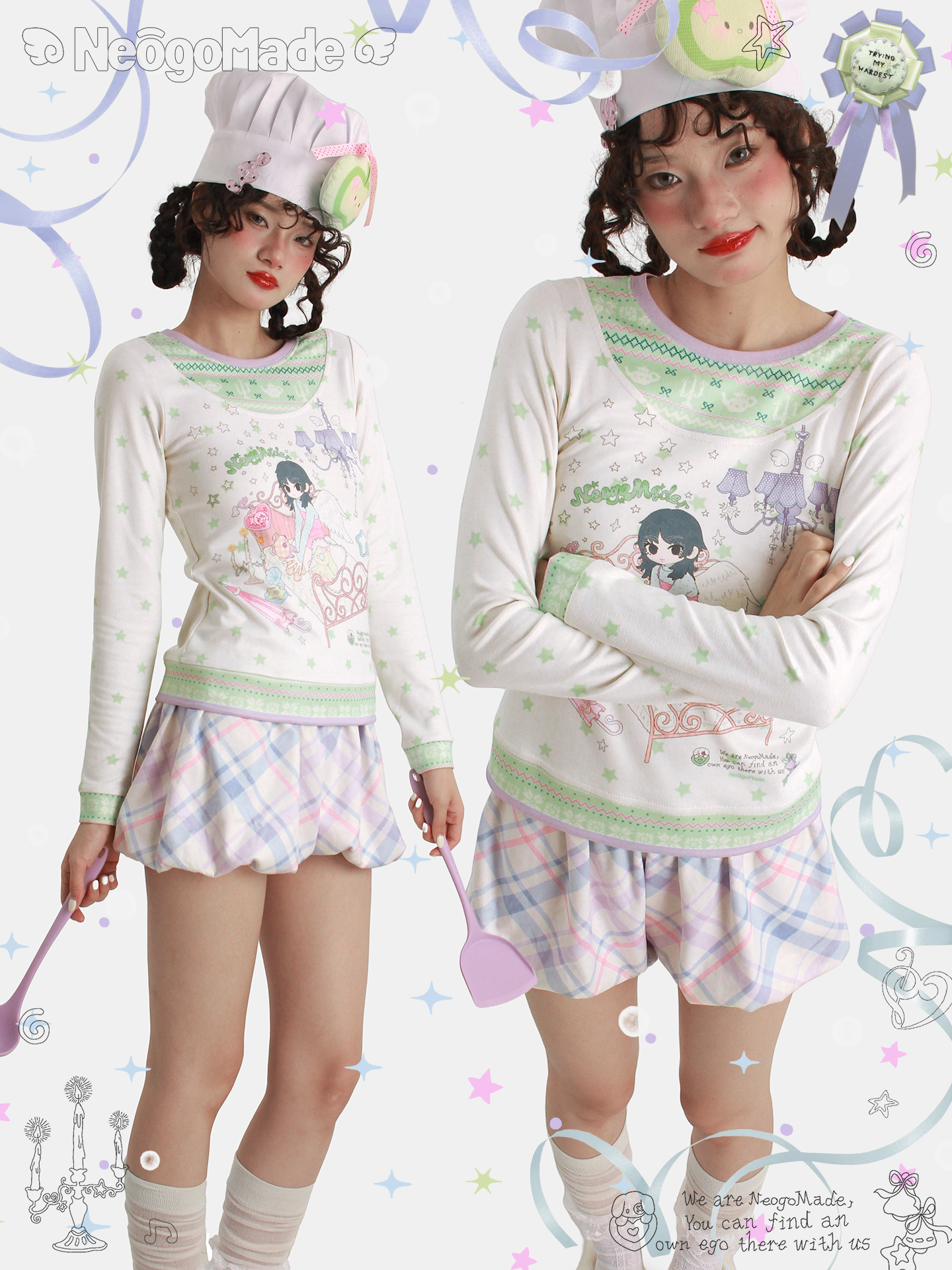 NeogoMade – Kawaii Knit Patchwork Layered Long Sleeve Tee shirt NeogoMade