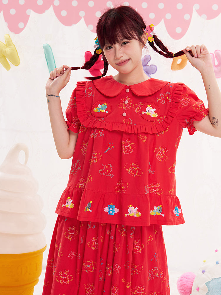 NIKKOU Cute Japanese Doll Collar Blouse | Harajuku Heavy Embroidery Red Shirt blouse Nikkou home