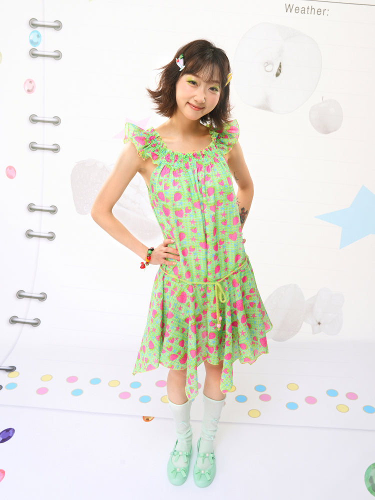 FRUITS Strawberry Dress | Illustration Asymmetric Hem Dress | Flutter Sleeve Dress dress Fruits