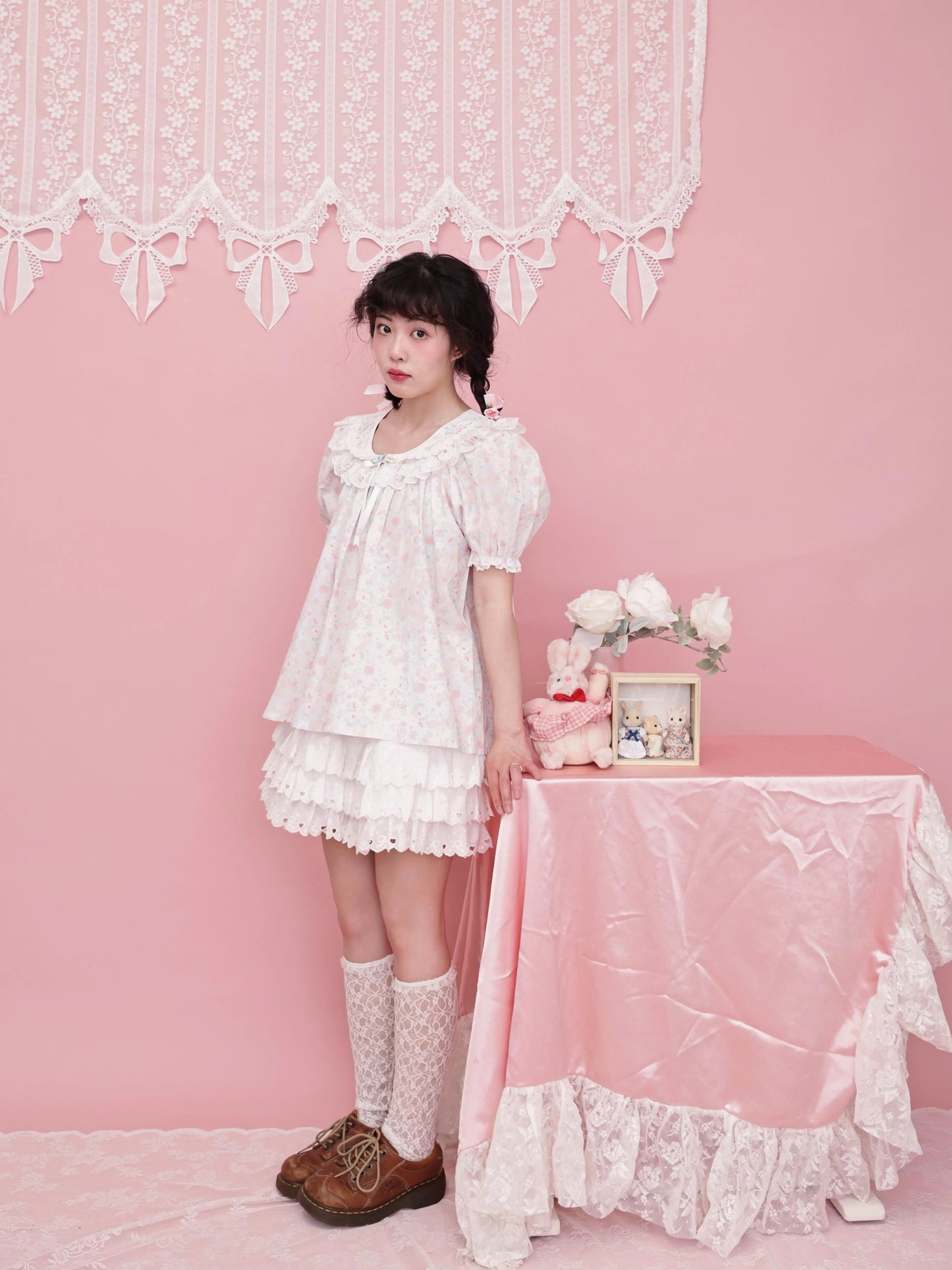 SemenCoicis – French Coquette Lace Bow Tiered Cotton Mini Skirt skirt SemenCoicis