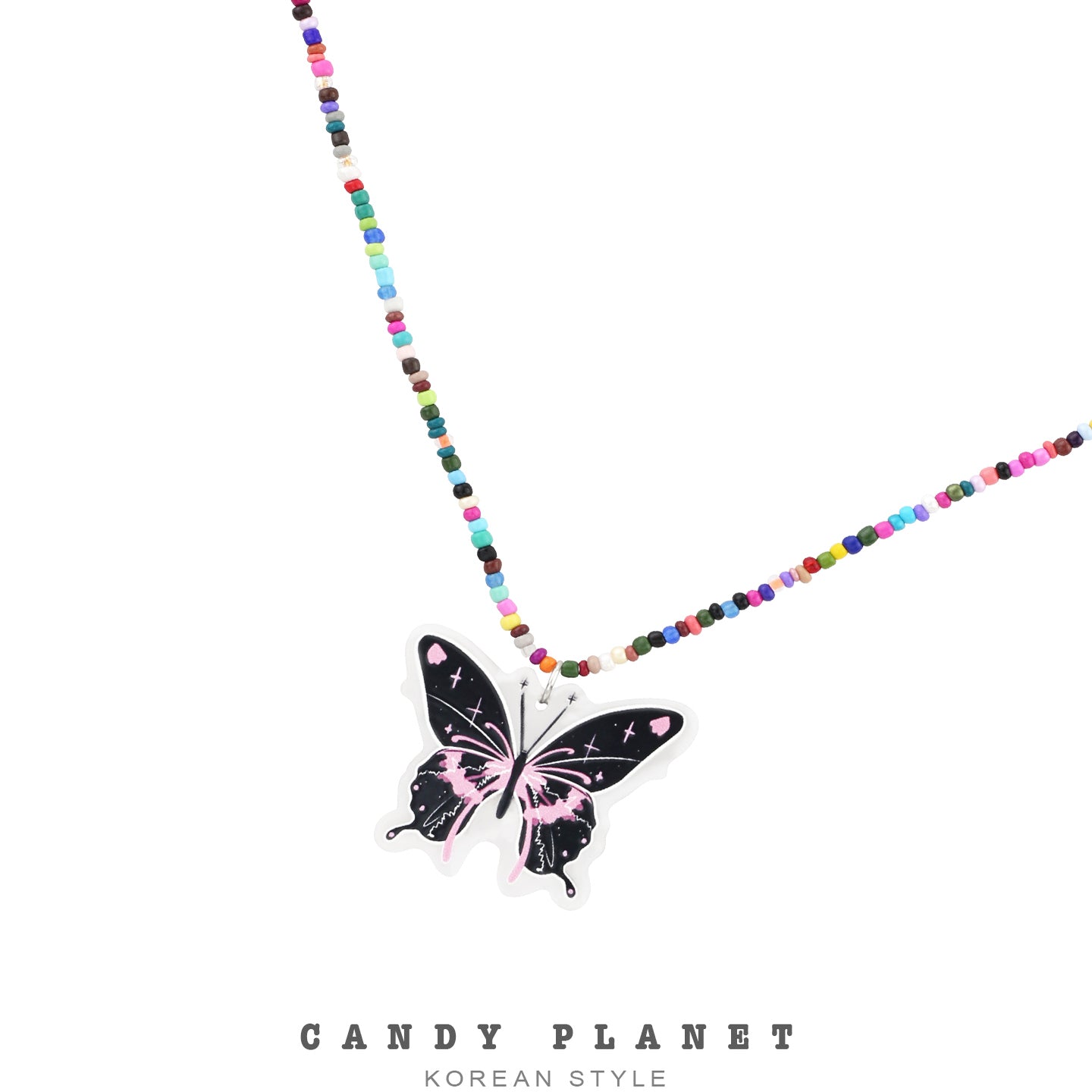 Candy Planet - Decora Kei Black Pink Butterfly Beaded Necklace necklace candy planet